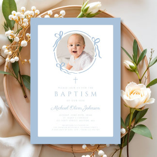 Elegant Baby Blue Bow Boy Photo Baptism Einladung