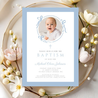 Elegant Baby Blue Bow Photo Baptism Einladung