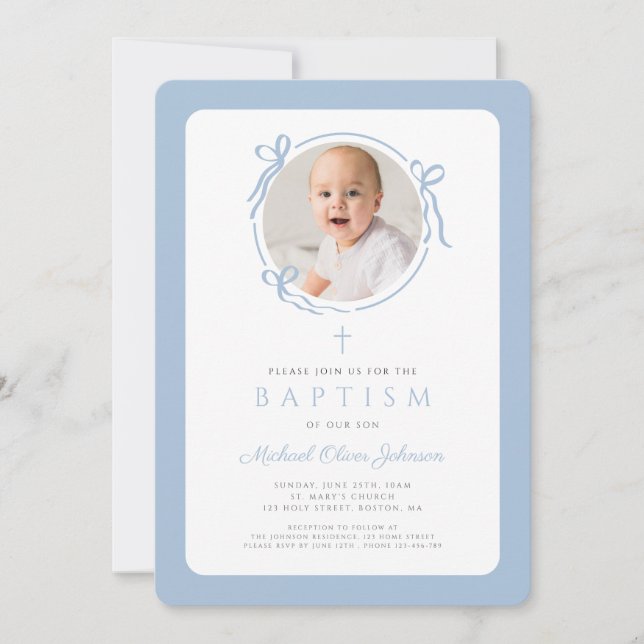 Elegant Baby Blue Bow Photo Boy Baptism Einladung (Vorderseite)