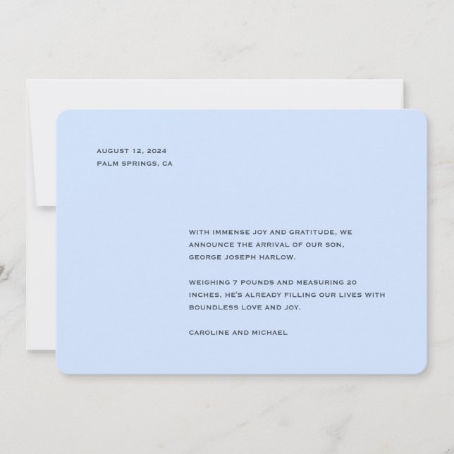 Elegant Baby Blue Boy Birth Ankündigung (Vorderseite)