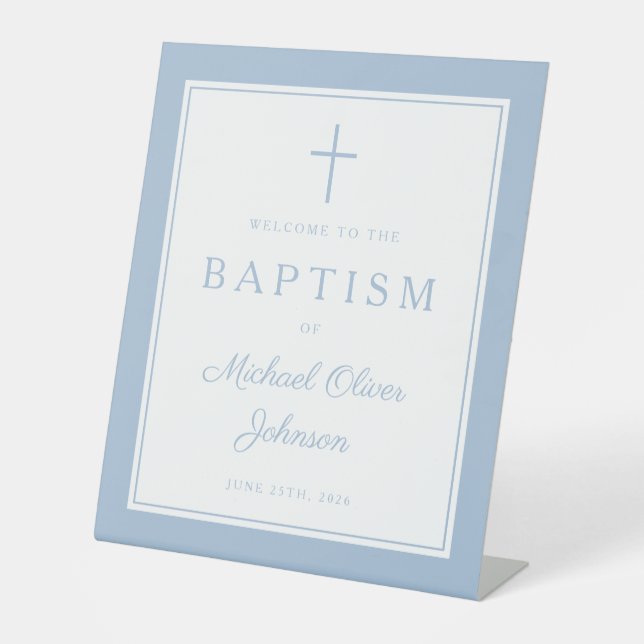 Elegant Baby Blue Cross Boy Baptism Welcome Sockelschild (Vorderseite)