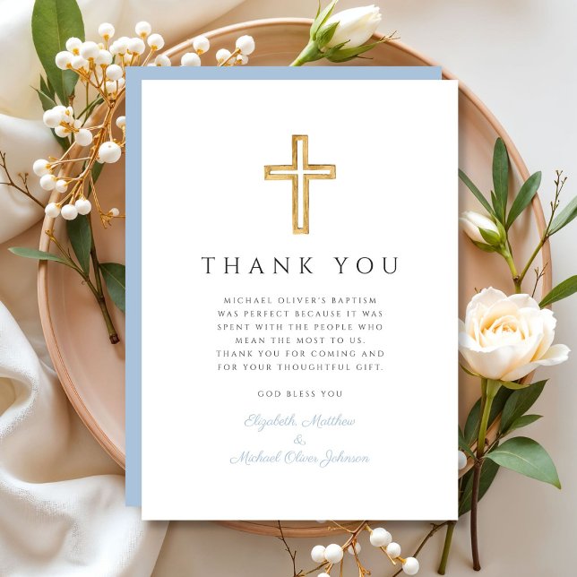 Elegant Baby Blue Cross Boy Taufe Dankeskarte (Elegant Baby Blue Cross Boy Baptism Thank You Card)