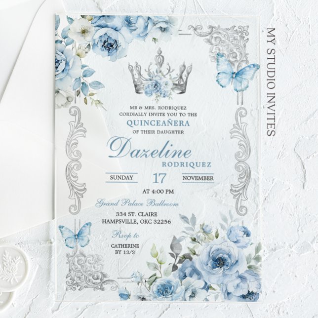 Elegant Baby Blue Crown Quinceanera Acryleinladungen (Von Creator hochgeladen)