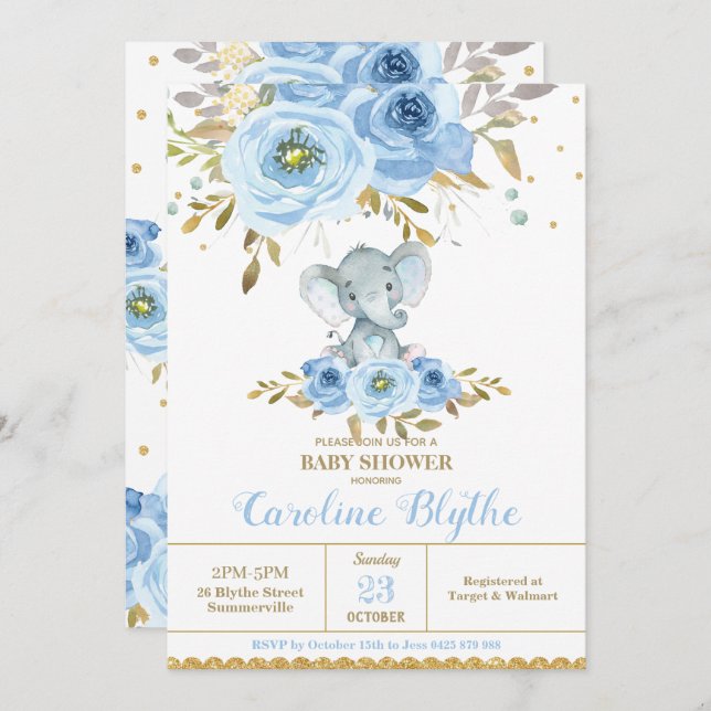 Elegant Baby Blue Floral Elephant Boy Baby Shower Einladung (Vorne/Hinten)