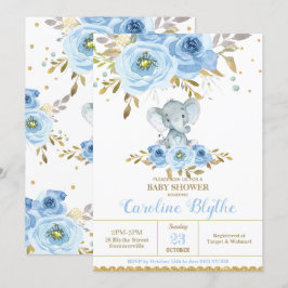 Elegant Baby Blue Floral Elephant Boy Baby Shower Einladung