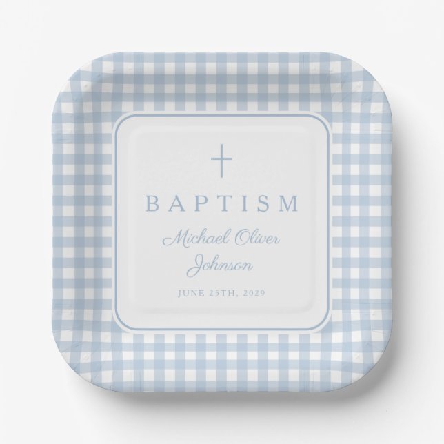 Elegant Baby Blue Gingham Boy Baptism Pappteller (Vorderseite)