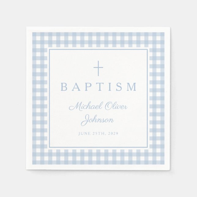 Elegant Baby Blue Gingham Boy Baptism Serviette (Vorderseite)