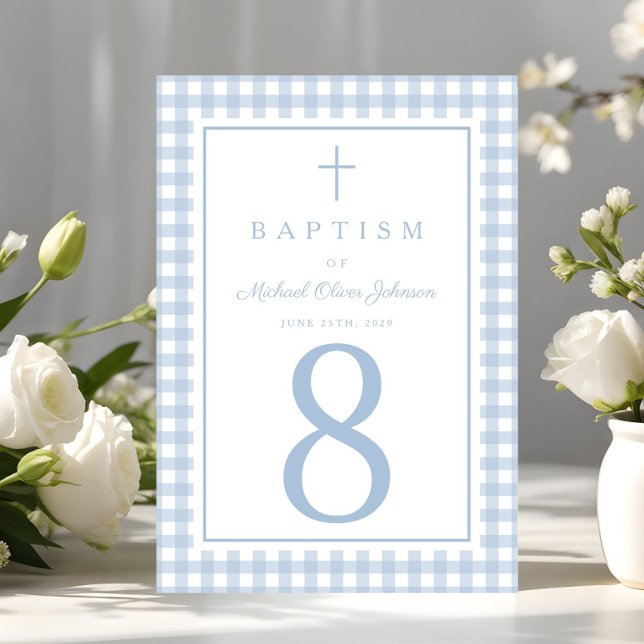 Elegant Baby Blue Gingham Boy Baptism Tischnummer (Elegant Baby Blue Gingham Boy Baptism Table Number)