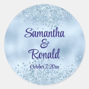 Elegant Baby Blue Glitzer and Foil Wedding Runder Aufkleber