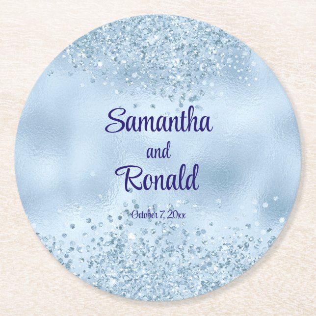 Elegant Baby Blue Glitzer and Foil Wedding Runder Pappuntersetzer (Vorderseite)