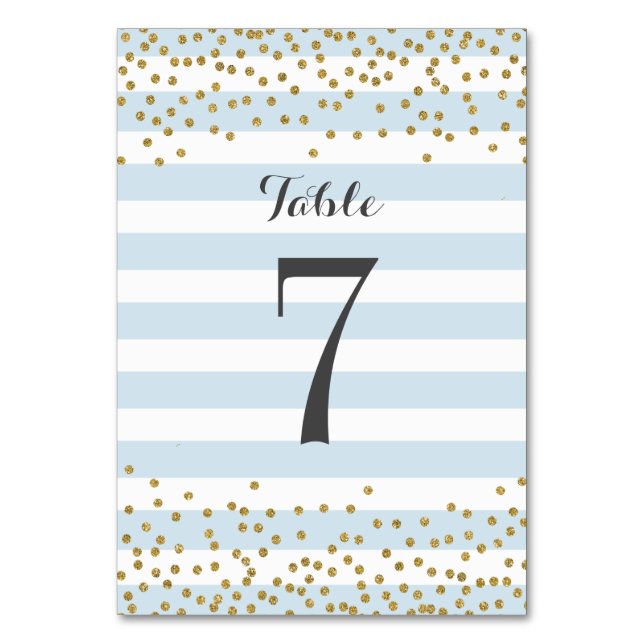 Elegant Baby Blue Gold Confetti Party Wedding Tischnummer (Rückseite)