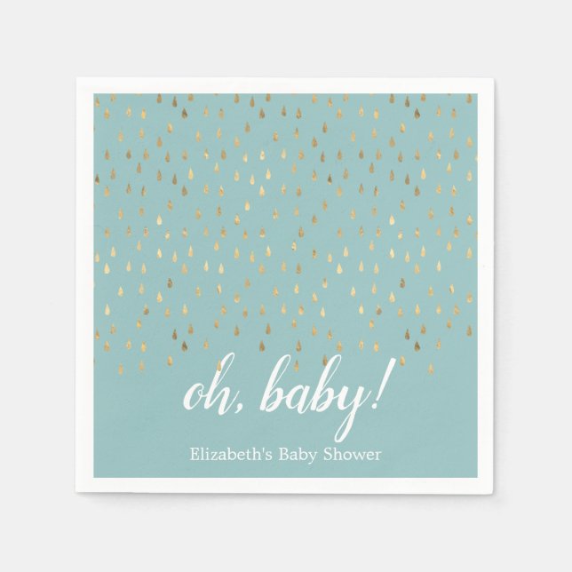 Elegant Baby Blue & Gold Raindrops Baby Shower Serviette (Vorderseite)