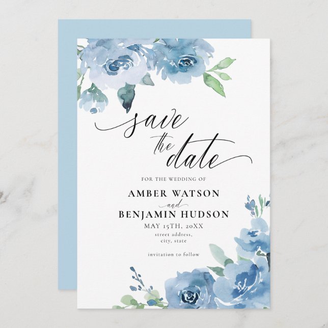 Elegant Baby Blue Light Boho Floral Save the Date Einladung (Vorne/Hinten)