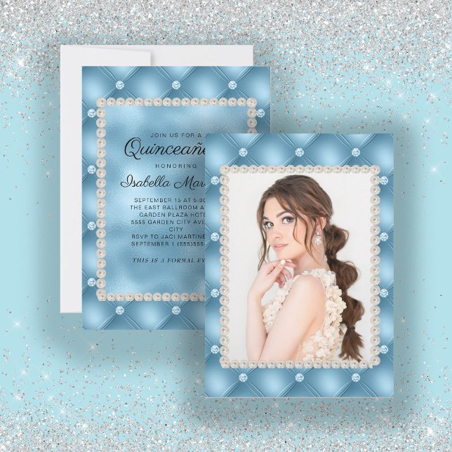 Elegant Baby Blue Quinceañera Foto Pearls Jewels Einladung (Von Creator hochgeladen)