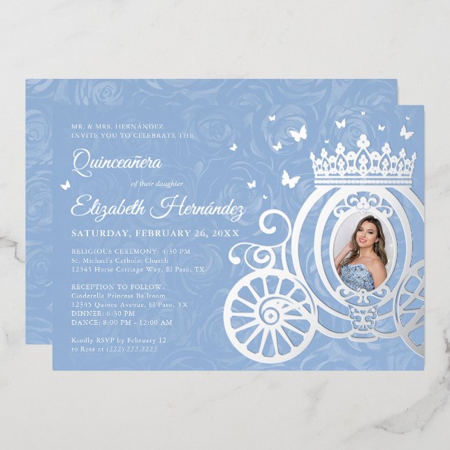 Elegant Baby Blue Quinceanera Princess Foto Foil Folieneinladung (Vorderseite/Rückseite)