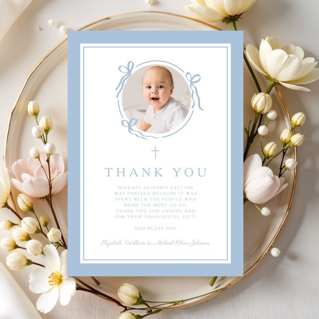 Elegant Baby Blue Religious Baptism Photo Dankeskarte (Elegant Baby Blue Religious Baptism Photo Thank You Card)