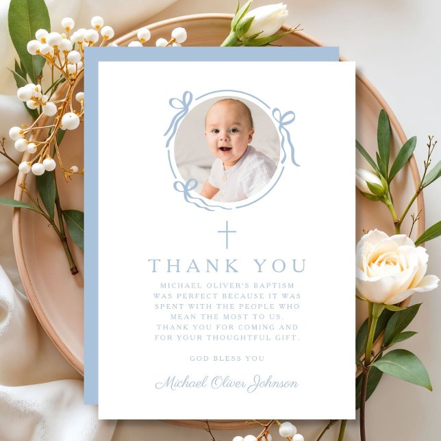 Elegant Baby Blue Religious Cross Baptism Dankeskarte (Elegant Baby Blue Religious Cross Baptism Thank You Card)