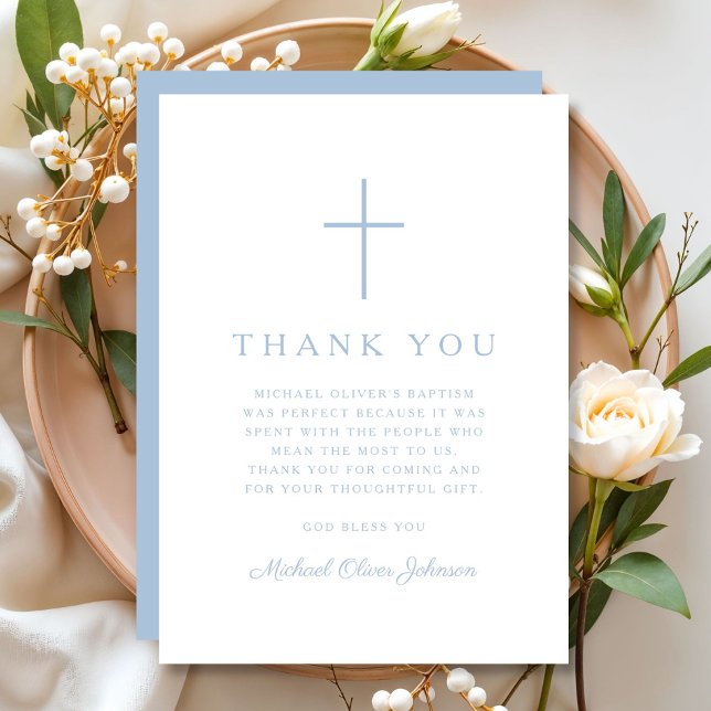 Elegant Baby Blue Religious Cross Baptism Dankeskarte (Elegant Baby Blue Religious Cross Baptism Thank You Card)