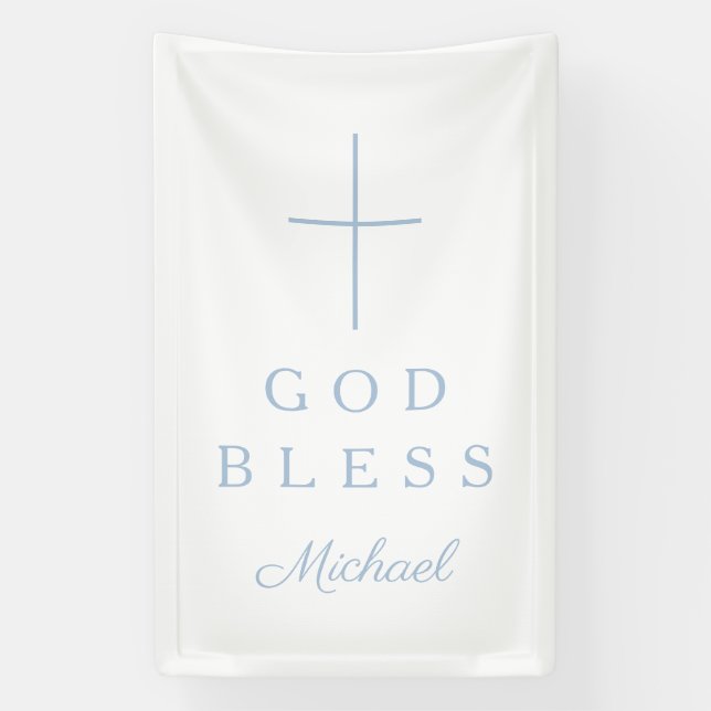 Elegant Baby Blue Religious Cross Boy God Bless Banner (Vertikal)