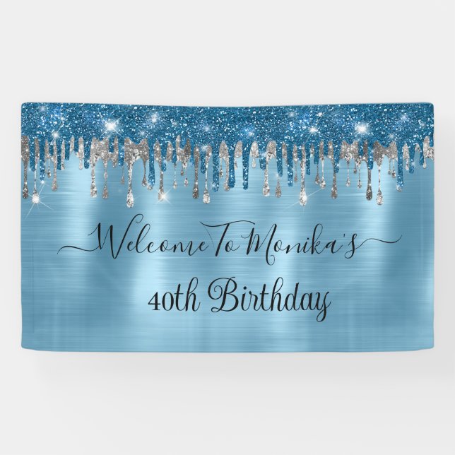 Elegant Baby Blue Sparkle Glitzer Tropfen Geburtst Banner (Horizontal)