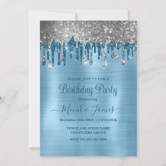 Elegant Baby Blue Sparkle Glitzer Tropfen Geburtst Einladung