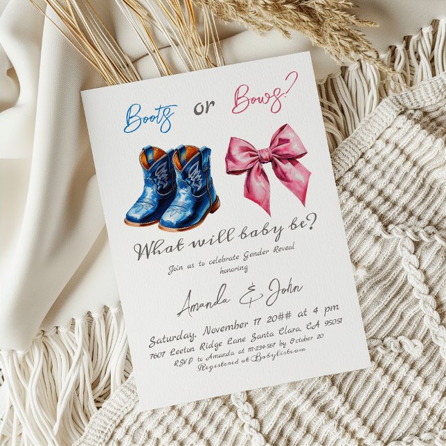 Elegant Baby Boots or Bows Pink Blue Gender Reveal Einladung (Von Creator hochgeladen)