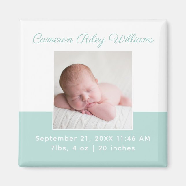 Elegant Baby Foto Mint Green Geburtshinweis Magnet (Vorne)
