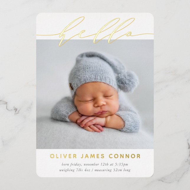 ELEGANT BABY FOTO Moderne Hello Kalligraphie hoch Folieneinladung (Vorderseite)