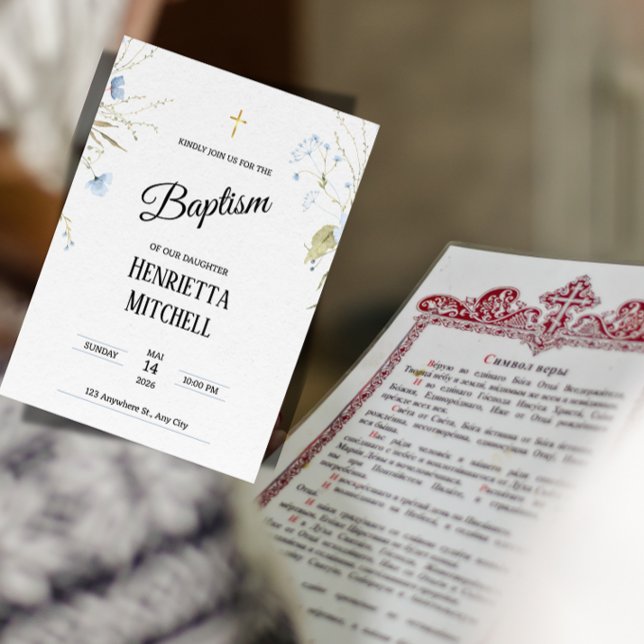 Elegant Baby Girl Baptism Invitation Einladung ("A elegant bilingual baptism invitation for a daughter, featuring the Orthodox Symbol of Faith.")