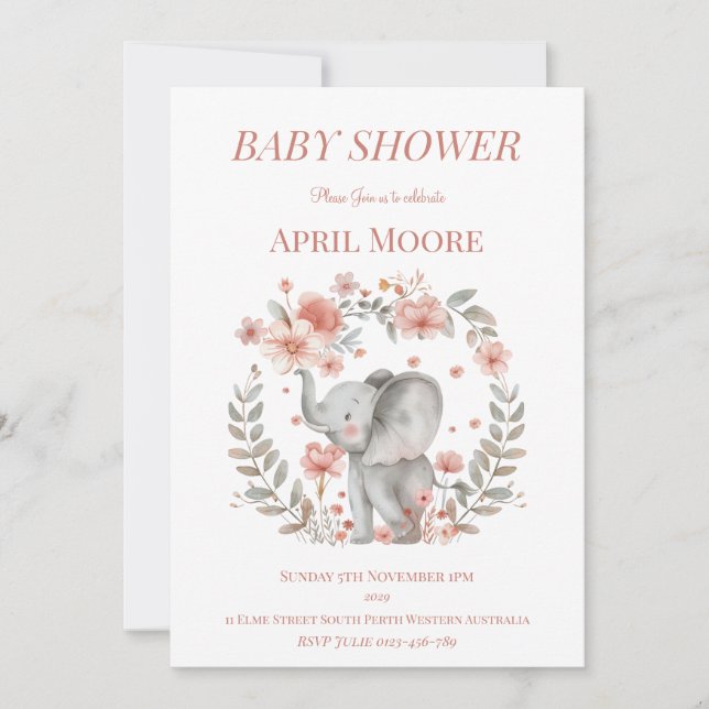 Elegant Baby Girl Elephant Baby Shower Einladung (Vorderseite)