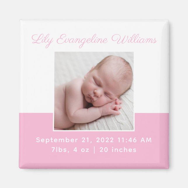 Elegant Baby Girl Foto Pink Geburtserklärung Magnet (Vorne)