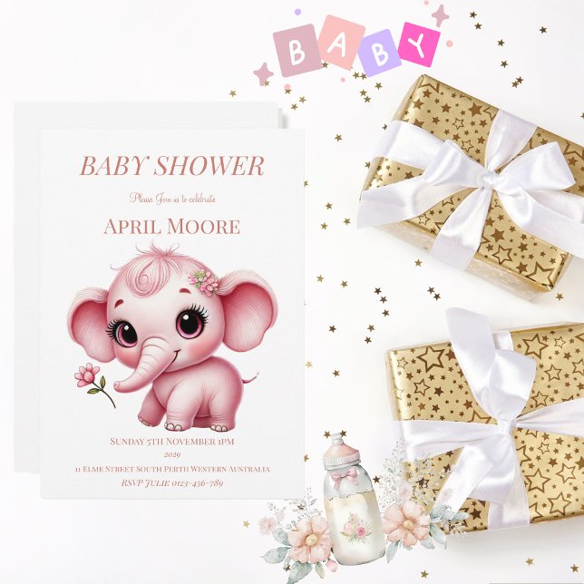 Elegant Baby Girl Pink Elephant Baby Shower Einladung (Pink Baby Elephant Baby Shower Invitation)