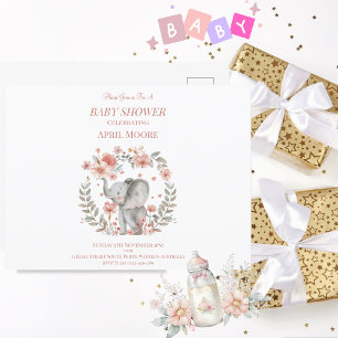 Elegant Baby Girl Pink Elephant Baby Shower Postkarte