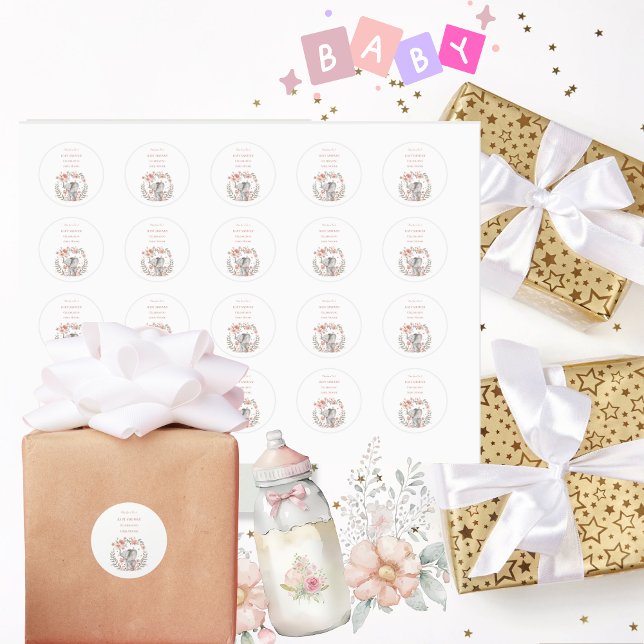 Elegant Baby Girl Pink Elephant Baby Shower Runder Aufkleber (Elegant Round Baby Shower Stickers)