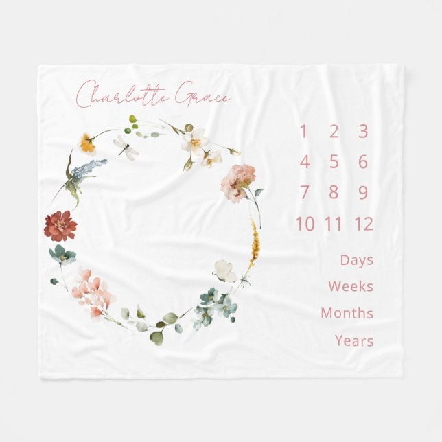 Elegant Baby Milestone Rosa Aquarellblüte Fleecedecke (Vorderseite (Horizontal))