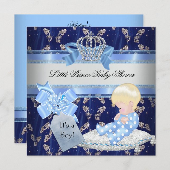Elegant Baby Shower Blonde Boy Blue Little Prince Einladung (Vorne/Hinten)
