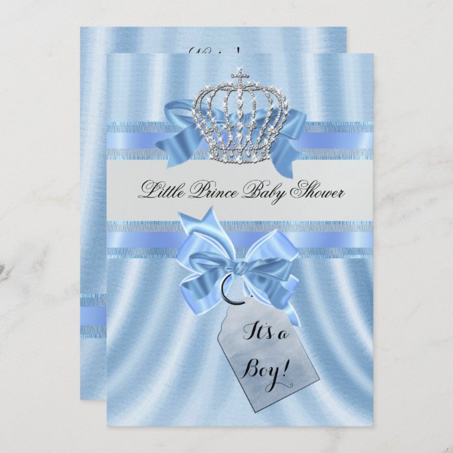 Elegant Baby Shower Boy Blue Little Prince Crown Einladung (Vorne/Hinten)