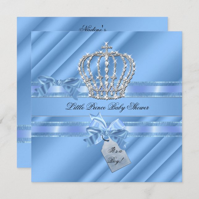 Elegant Baby Shower Boy Blue Little Prince Crown Einladung (Vorne/Hinten)