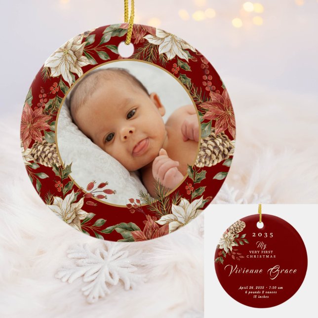 Elegant Baby's First Christmas Birth Stats Foto Keramik Ornament (Von Creator hochgeladen)