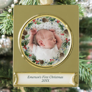 Elegant Baby's First Christmas Foto Wreath Banner-Ornament Gold