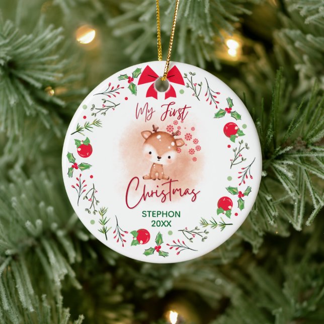 Elegant Baby's First Christmas mit Namen Keramik Ornament (Baum)