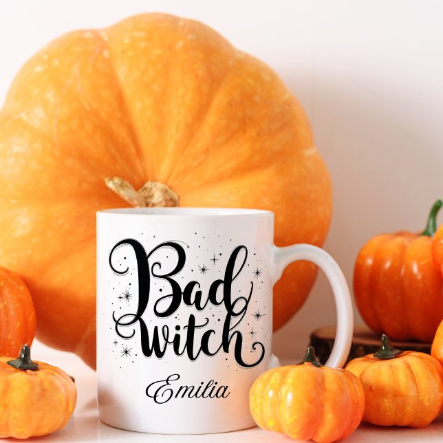 Elegant Bad Witch Name Halloween Schwarz-Weiß Tasse (Von Creator hochgeladen)