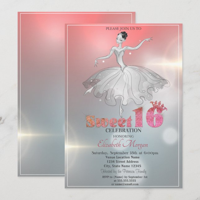 Elegant Ballerina, Glitzer Sweet 16 Einladung (Vorne/Hinten)