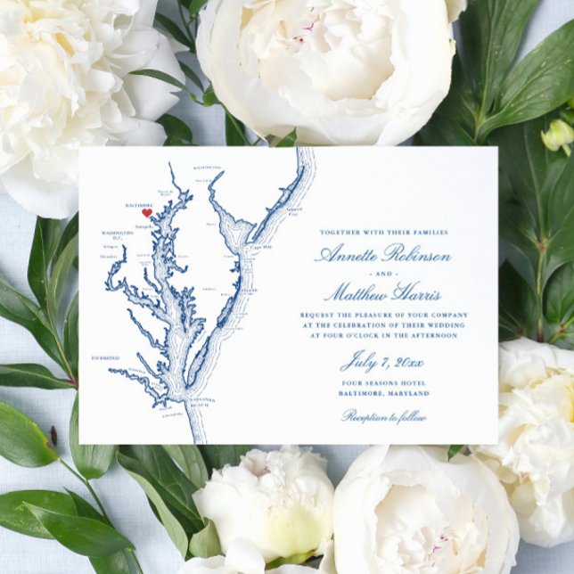 Elegant Baltimore Maryland Map Wedding Einladung (Elegant Baltimore Maryland map wedding invitation with navy blue map of the Chesapeake Bay)