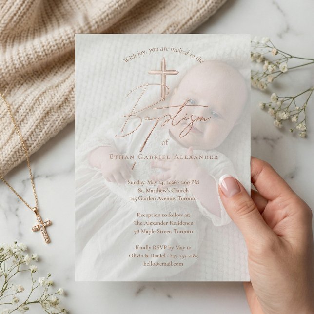 Elegant Baptism Christening Religious Cross Photo Folieneinladung (Elegant Baptism Christening Religious Cross Photo Foil Invitation)