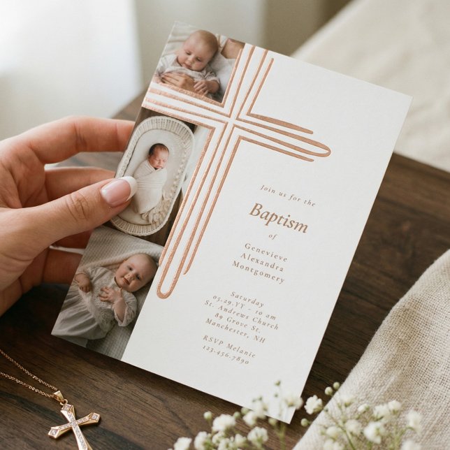 Elegant Baptism Christening Religious Cross Photo Folieneinladung (Elegant Baptism Christening Religious Cross Photo Foil Invitation)