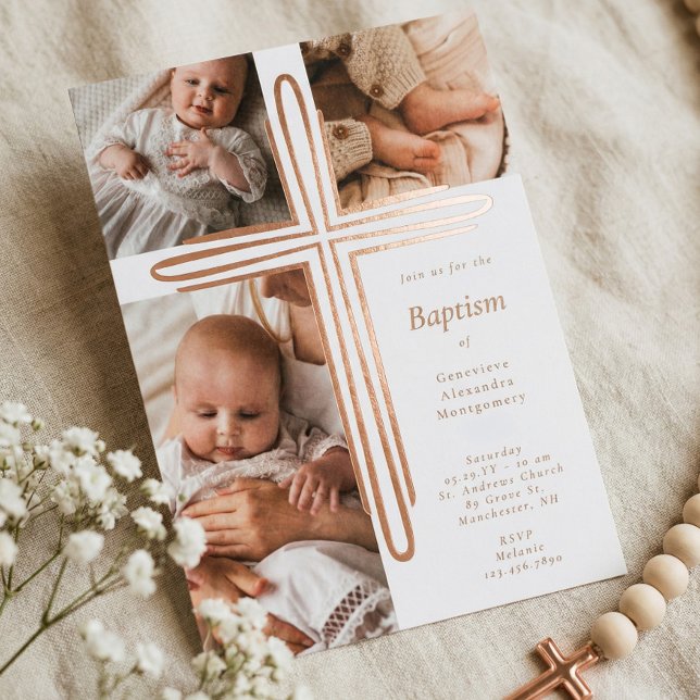 Elegant Baptism Christening Religious Photo Cross Folieneinladung (Elegant Baptism Christening Religious Photo Cross Foil Invitation)