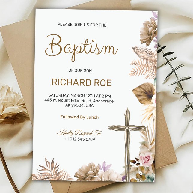 Elegant baptism invitation featuring floral accent einladung (Von Creator hochgeladen)