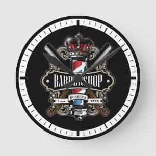Elegant Barber Pole and Crown Logo Personalize Runde Wanduhr