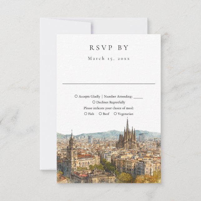 Elegant Barcelona Skyline Watercolor Wedding RSVP Karte (Vorderseite)